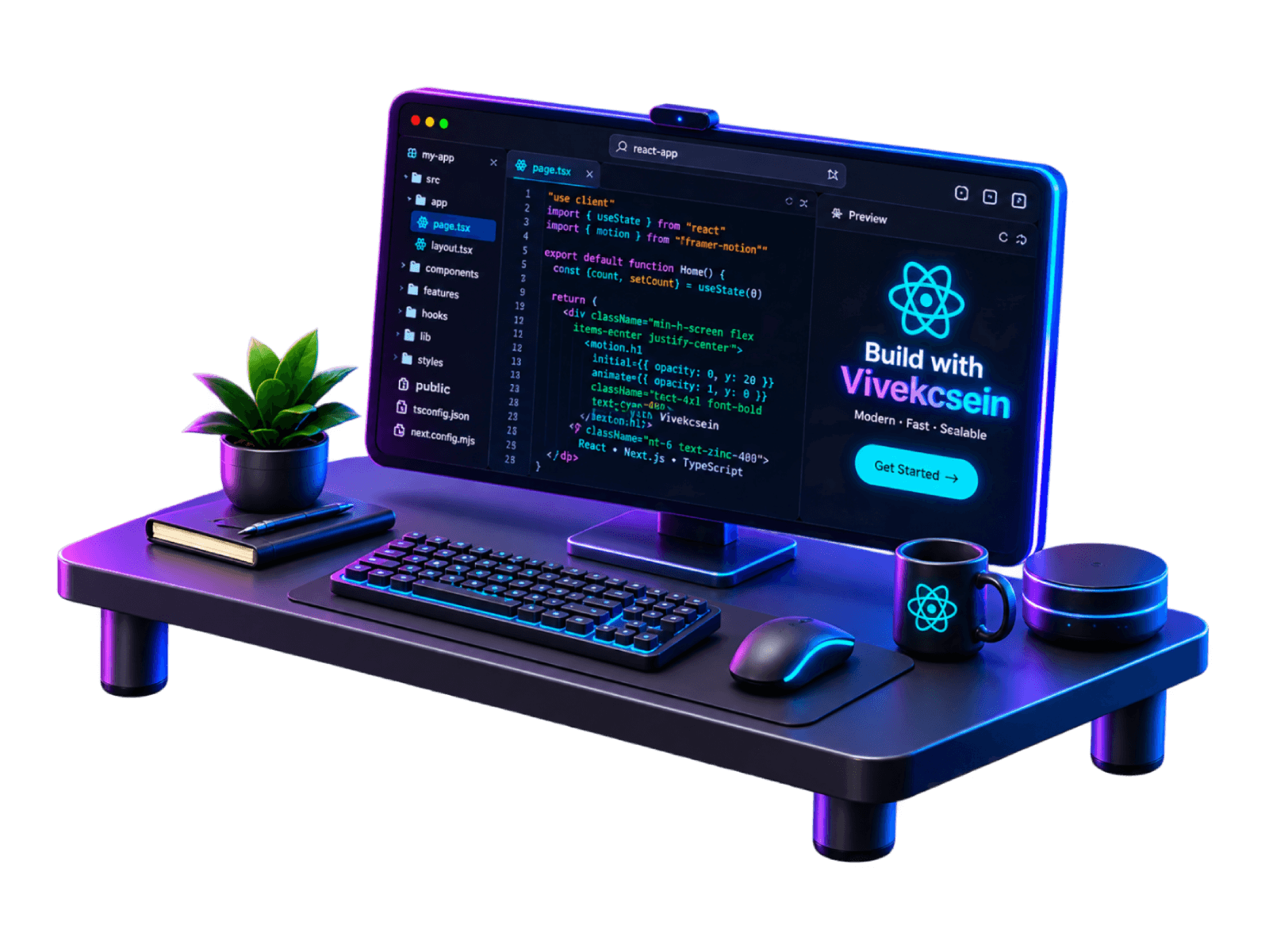 3D illustrated developer desk setup